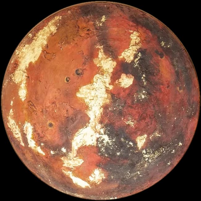 The MARS house artwork: a textured painting of Mars with gold leaf